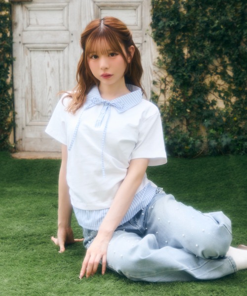TITTY&CO.(ティティーアンドコー)の「ストライプリボンレイヤードトップス(シャツ/ブラウス・レディース・グレー/ホワイト/ブラック/ネイビー・FREE)」の13枚目の写真