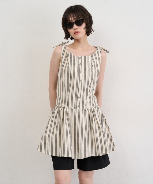 NUJOH(ヌゾ)の「Stripe Tie-Shoulder Mini Tunic Dress / ストライプタイショルダーミニチュニックワンピース(ワンピース・レディース・アイボリー/ブルー・FREE)」の1枚目の写真