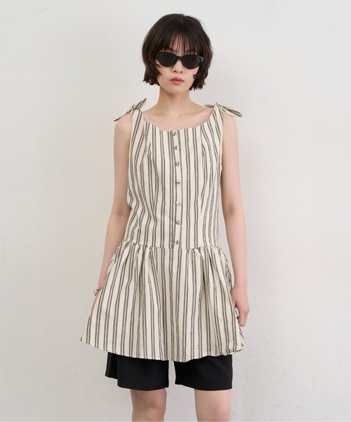 NUJOH(ヌゾ)の「Stripe Tie-Shoulder Mini Tunic Dress / ストライプタイショルダーミニチュニックワンピース(ワンピース・レディース・アイボリー/ブルー・FREE)」の4枚目の写真