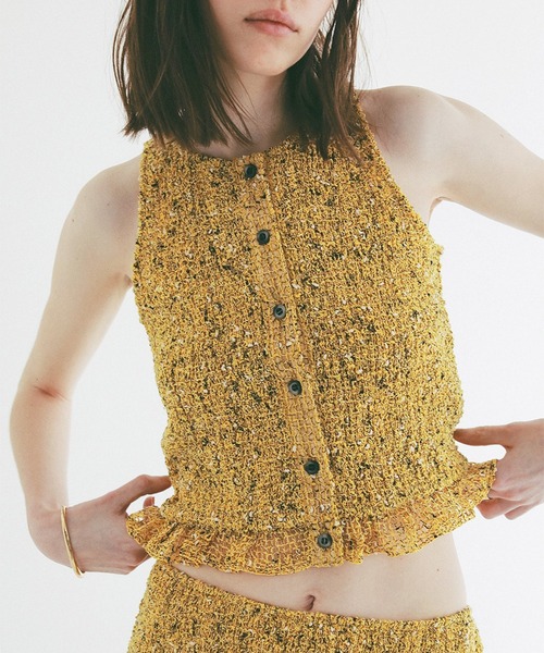 CLANE（クラネ）の「W FACE MIX MESH GATHER N/S TOPS（タンクトップ・レディース・イエロー/ブラック/アイボリー・1/2）」の3枚目の写真