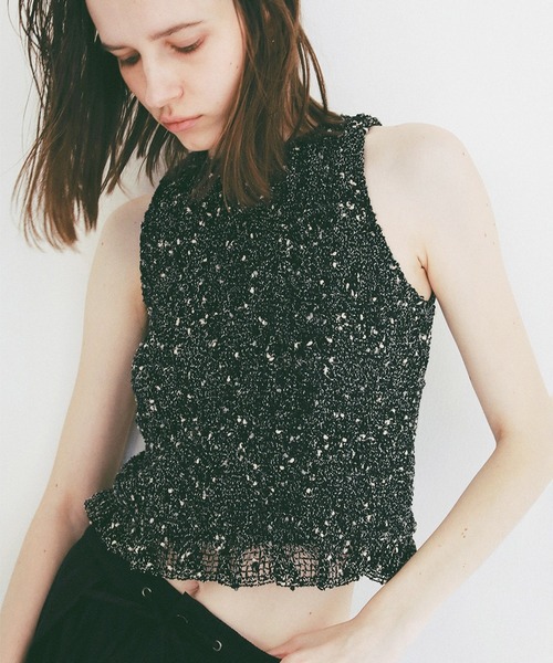 CLANE（クラネ）の「W FACE MIX MESH GATHER N/S TOPS（タンクトップ・レディース・イエロー/ブラック/アイボリー・1/2）」の4枚目の写真