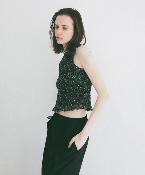 CLANE（クラネ）の「W FACE MIX MESH GATHER N/S TOPS（タンクトップ・レディース・イエロー/ブラック/アイボリー・1/2）」の5枚目の写真