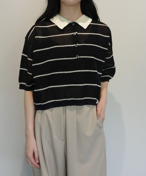 CLANE(クラネ)の「CLANE SPONGY SHEER POLO KNIT TOPS(ニット/セーター・レディース・ネイビー/オフホワイト・1/2)」の2枚目の写真
