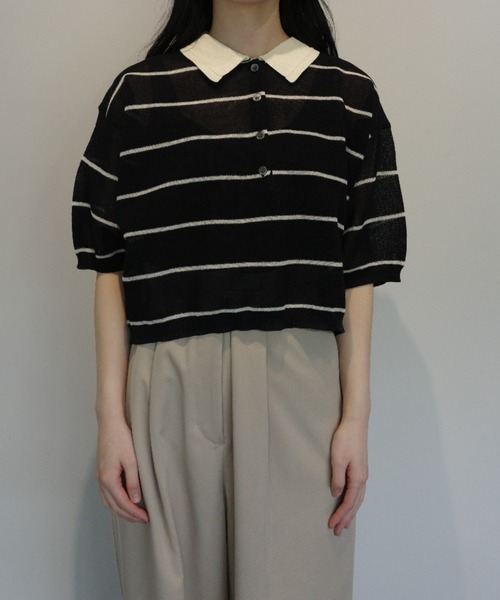 CLANE(クラネ)の「CLANE SPONGY SHEER POLO KNIT TOPS(ニット/セーター・レディース・ネイビー/オフホワイト・1/2)」の3枚目の写真