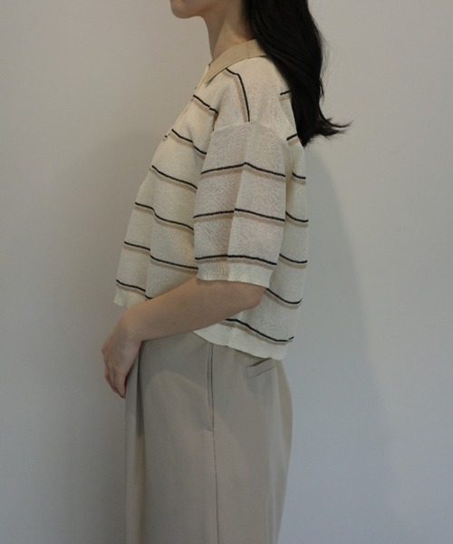 CLANE(クラネ)の「CLANE SPONGY SHEER POLO KNIT TOPS(ニット/セーター・レディース・ネイビー/オフホワイト・1/2)」の5枚目の写真