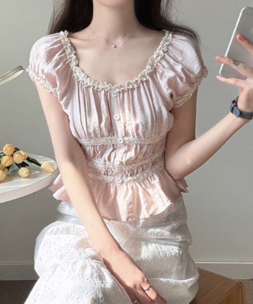 VIVID LADY(ビビッドレディー)の「レーストリム シャーリング ペプラムブラウス(シャツ/ブラウス・レディース・ピンク/ホワイト・FREE)」の8枚目の写真