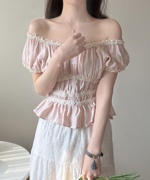 VIVID LADY(ビビッドレディー)の「レーストリム シャーリング ペプラムブラウス(シャツ/ブラウス・レディース・ピンク/ホワイト・FREE)」の10枚目の写真