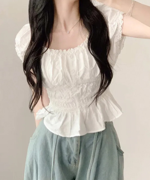 VIVID LADY(ビビッドレディー)の「レーストリム シャーリング ペプラムブラウス(シャツ/ブラウス・レディース・ピンク/ホワイト・FREE)」の14枚目の写真