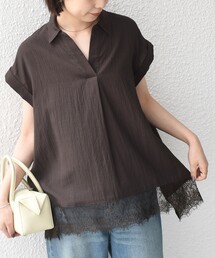 SHIPS Colors:〈手洗い可能〉ヘム レース スキッパー ブラウス◇