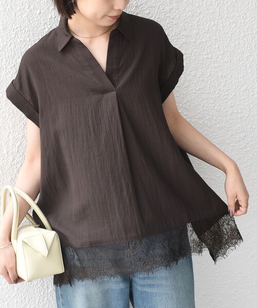 SHIPS Colors(シップス カラーズ)の「SHIPS Colors:〈手洗い可能〉ヘム レース スキッパー ブラウス◇(シャツ/ブラウス・レディース・ライトブルー/ブラック/ブラウン/オフホワイト・ONE SIZE)」の4枚目の写真