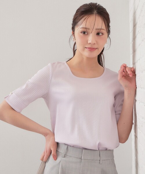 index(インデックス)の「【接触冷感】スクエアネックワイドリブトップス《UVケア/洗濯機OK》(Tシャツ/カットソー・レディース・オフホワイト/ブルー/ナチュラル/ブラック系7/ネイビー/ピンク・42/40/38/36/34/44)」の6枚目の写真