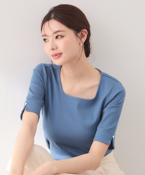 index(インデックス)の「【接触冷感】スクエアネックワイドリブトップス《UVケア/洗濯機OK》(Tシャツ/カットソー・レディース・オフホワイト/ブルー/ナチュラル/ブラック系7/ネイビー/ピンク・42/40/38/36/34/44)」の5枚目の写真