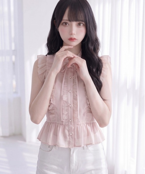 Suyunn(スユン)の「リボン付きパール釦チュールフリルペプラムブラウス(シャツ/ブラウス・レディース・ホワイト/ピンク/ブラック・M)」の21枚目の写真