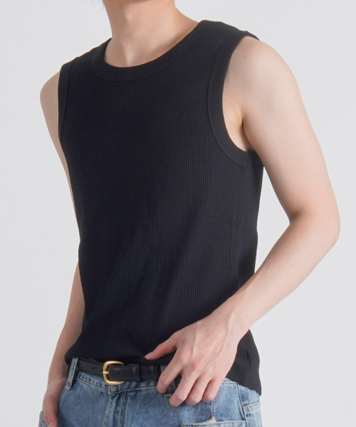 BUTTON SEOUL(ボタンソウル)の「リブテクスチャーソフトスリーブレス(3カラー)(Tシャツ/カットソー・メンズ・ブラック/ホワイト/グレー・MEDIUM/LARGE/X-LARGE)」の4枚目の写真