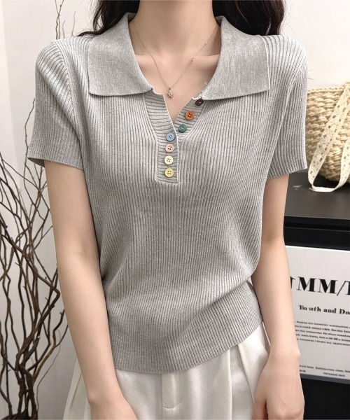 Miniministore(ミニミニストア)の「カラフルボタンポロシャツ 半袖リブニット(Tシャツ/カットソー・レディース・ピンク/イエロー/グレー/ライトブルー/ホワイト/アイボリー/ブラック・FREE)」の5枚目の写真