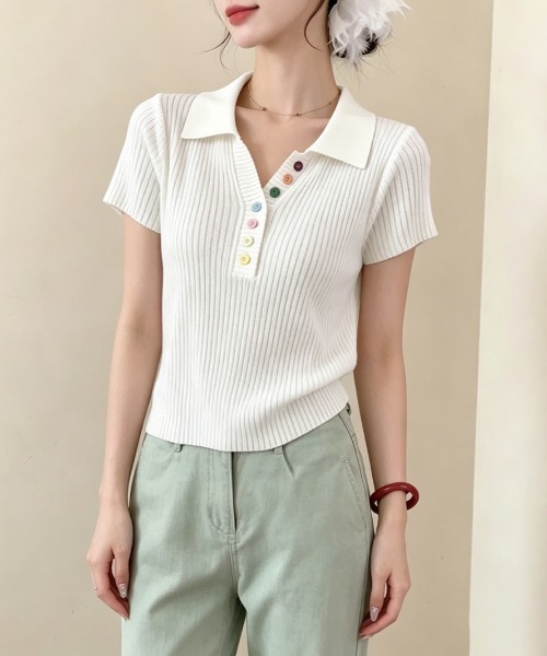 Miniministore(ミニミニストア)の「カラフルボタンポロシャツ 半袖リブニット(Tシャツ/カットソー・レディース・ピンク/イエロー/グレー/ライトブルー/ホワイト/アイボリー/ブラック・FREE)」の2枚目の写真