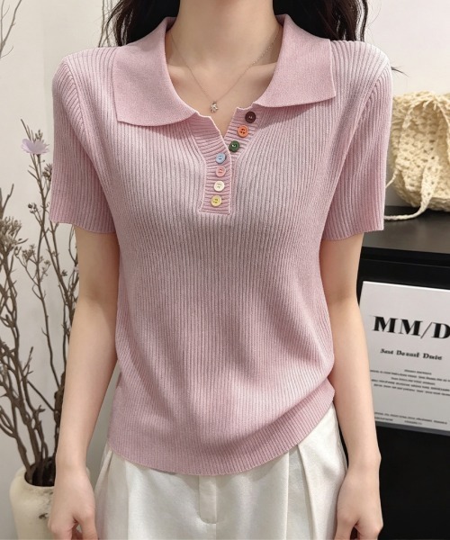 Miniministore(ミニミニストア)の「カラフルボタンポロシャツ 半袖リブニット(Tシャツ/カットソー・レディース・ピンク/イエロー/グレー/ライトブルー/ホワイト/アイボリー/ブラック・FREE)」の7枚目の写真