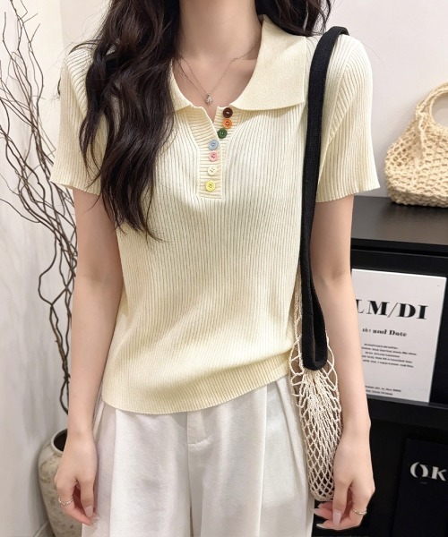 Miniministore(ミニミニストア)の「カラフルボタンポロシャツ 半袖リブニット(Tシャツ/カットソー・レディース・ピンク/イエロー/グレー/ライトブルー/ホワイト/アイボリー/ブラック・FREE)」の3枚目の写真