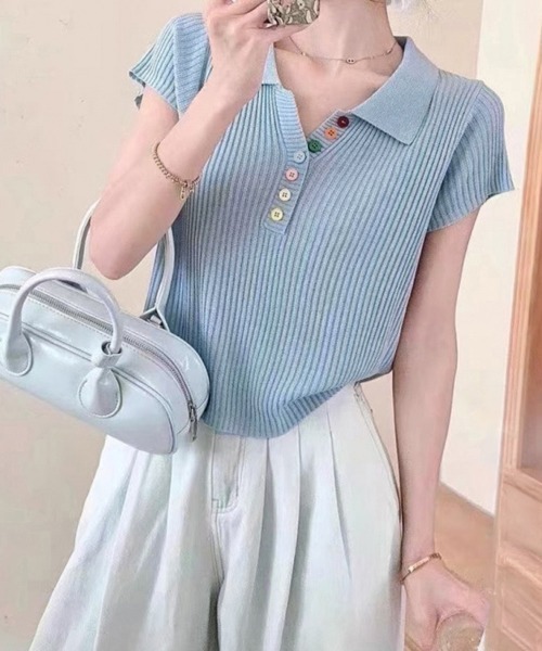 Miniministore(ミニミニストア)の「カラフルボタンポロシャツ 半袖リブニット(Tシャツ/カットソー・レディース・ピンク/イエロー/グレー/ライトブルー/ホワイト/アイボリー/ブラック・FREE)」の6枚目の写真