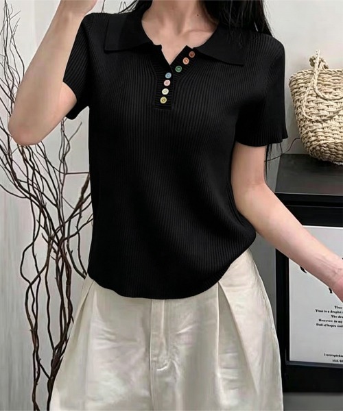 Miniministore(ミニミニストア)の「カラフルボタンポロシャツ 半袖リブニット(Tシャツ/カットソー・レディース・ピンク/イエロー/グレー/ライトブルー/ホワイト/アイボリー/ブラック・FREE)」の4枚目の写真