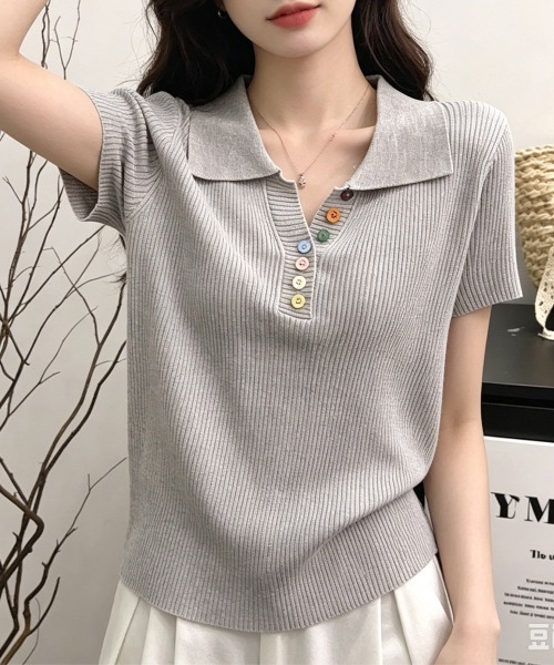 Miniministore(ミニミニストア)の「カラフルボタンポロシャツ 半袖リブニット(Tシャツ/カットソー・レディース・ピンク/イエロー/グレー/ライトブルー/ホワイト/アイボリー/ブラック・FREE)」の8枚目の写真
