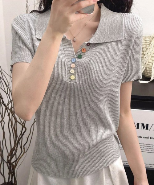 Miniministore(ミニミニストア)の「カラフルボタンポロシャツ 半袖リブニット(Tシャツ/カットソー・レディース・ピンク/イエロー/グレー/ライトブルー/ホワイト/アイボリー/ブラック・FREE)」の9枚目の写真