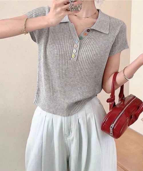 Miniministore(ミニミニストア)の「カラフルボタンポロシャツ 半袖リブニット(Tシャツ/カットソー・レディース・ピンク/イエロー/グレー/ライトブルー/ホワイト/アイボリー/ブラック・FREE)」の10枚目の写真