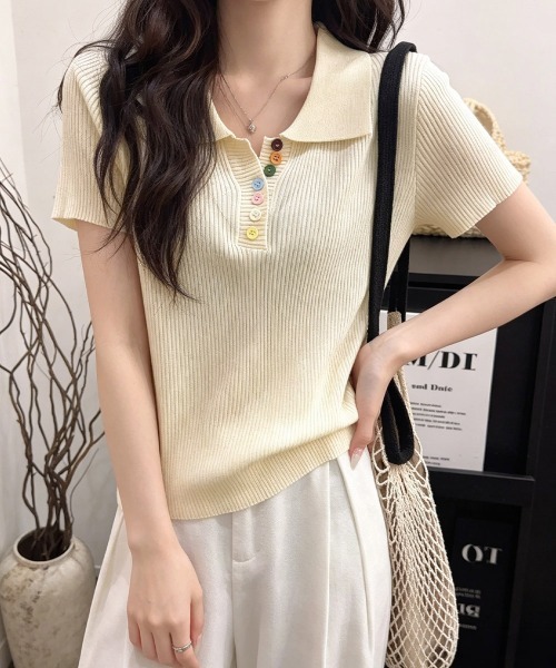 Miniministore(ミニミニストア)の「カラフルボタンポロシャツ 半袖リブニット(Tシャツ/カットソー・レディース・ピンク/イエロー/グレー/ライトブルー/ホワイト/アイボリー/ブラック・FREE)」の12枚目の写真