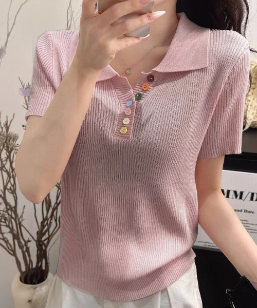 Miniministore(ミニミニストア)の「カラフルボタンポロシャツ 半袖リブニット(Tシャツ/カットソー・レディース・ピンク/イエロー/グレー/ライトブルー/ホワイト/アイボリー/ブラック・FREE)」の13枚目の写真