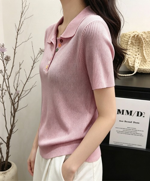 Miniministore(ミニミニストア)の「カラフルボタンポロシャツ 半袖リブニット(Tシャツ/カットソー・レディース・ピンク/イエロー/グレー/ライトブルー/ホワイト/アイボリー/ブラック・FREE)」の14枚目の写真