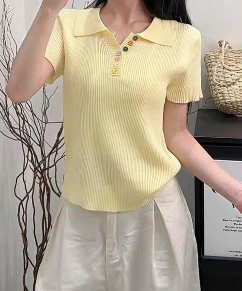 Miniministore(ミニミニストア)の「カラフルボタンポロシャツ 半袖リブニット(Tシャツ/カットソー・レディース・ピンク/イエロー/グレー/ライトブルー/ホワイト/アイボリー/ブラック・FREE)」の15枚目の写真
