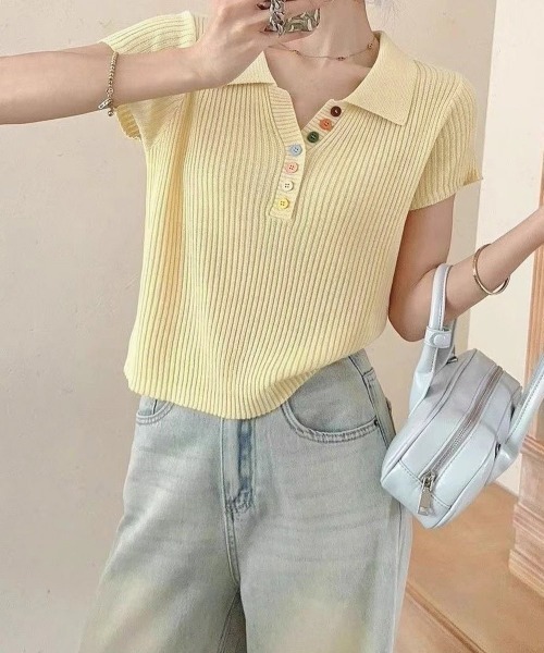 Miniministore(ミニミニストア)の「カラフルボタンポロシャツ 半袖リブニット(Tシャツ/カットソー・レディース・ピンク/イエロー/グレー/ライトブルー/ホワイト/アイボリー/ブラック・FREE)」の16枚目の写真