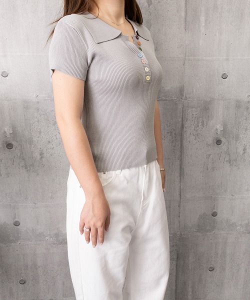 Miniministore(ミニミニストア)の「カラフルボタンポロシャツ 半袖リブニット(Tシャツ/カットソー・レディース・ピンク/イエロー/グレー/ライトブルー/ホワイト/アイボリー/ブラック・FREE)」の19枚目の写真