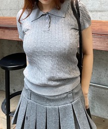 半袖ポロ襟ケーブルニット