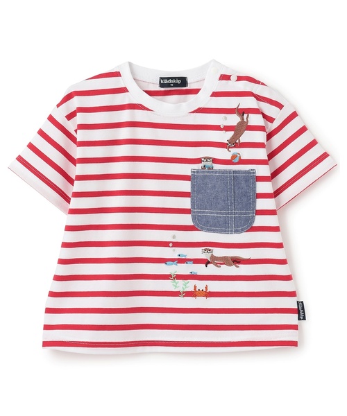 kladskap(クレードスコープ)の「カワウソ刺しゅうボーダー半袖Tシャツ【ドラマ着用アイテム】(Tシャツ/カットソー・キッズ・レッド/グリーン/ブルー・110cm/100cm/90cm/120cm/130cm)」の3枚目の写真