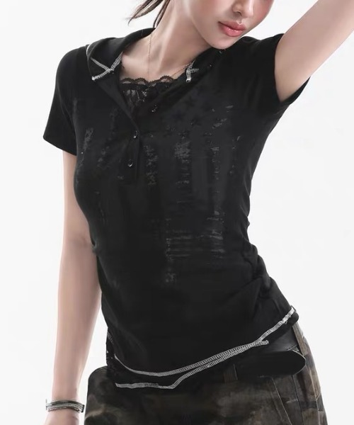 .KOM(ドットコム)の「A'GEM/9 × .kom 『.KOM/ドットケーオーエム』 VINTAGE FLAG HOOD TEE / ヴィンテージフラッグフードTシャツ(その他トップス・レディース・ブラック/ホワイト・M)」の7枚目の写真