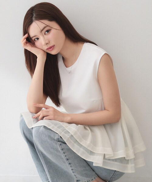 index(インデックス)の「ダブルペプラムトップス【洗濯機OK】(Tシャツ/カットソー・レディース・オフホワイト/ネイビー/ベビーピンク・38/40)」の1枚目の写真