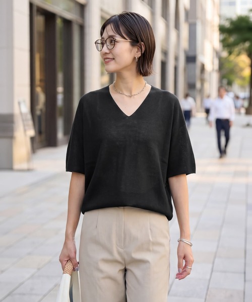 STYLE DELI(スタイルデリ)の「【LUXE】麻混リラックスVネックニットトップス(Tシャツ/カットソー・レディース・イエロー/ブラック/ホワイト/パープル・FREE)」の3枚目の写真