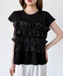 ドットフリルトップス ギャザーフリル ドット Tシャツ カットソー フレンチスリーブ フリルトップス ペプラム フレア 夏服