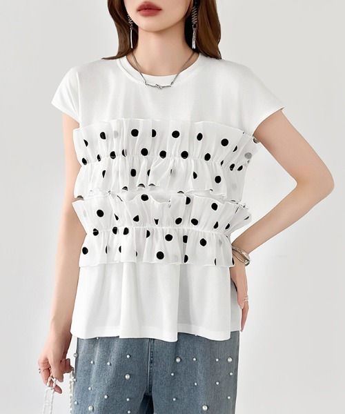 COCOMOMO(ココモモ)の「ドットフリルトップス ギャザーフリル ドット Tシャツ カットソー フレンチスリーブ フリルトップス ペプラム フレア 夏服(Tシャツ/カットソー・レディース・ブラック/ホワイト・FREE)」の7枚目の写真
