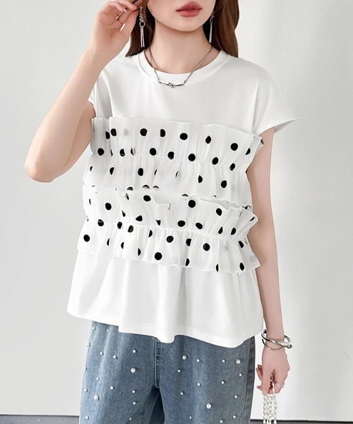 COCOMOMO(ココモモ)の「ドットフリルトップス ギャザーフリル ドット Tシャツ カットソー フレンチスリーブ フリルトップス ペプラム フレア 夏服(Tシャツ/カットソー・レディース・ブラック/ホワイト・FREE)」の16枚目の写真