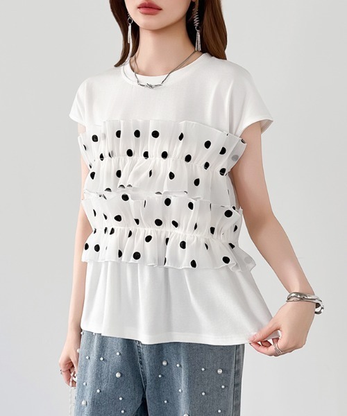 COCOMOMO(ココモモ)の「ドットフリルトップス ギャザーフリル ドット Tシャツ カットソー フレンチスリーブ フリルトップス ペプラム フレア 夏服(Tシャツ/カットソー・レディース・ブラック/ホワイト・FREE)」の8枚目の写真