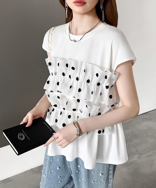 COCOMOMO(ココモモ)の「ドットフリルトップス ギャザーフリル ドット Tシャツ カットソー フレンチスリーブ フリルトップス ペプラム フレア 夏服(Tシャツ/カットソー・レディース・ブラック/ホワイト・FREE)」の17枚目の写真