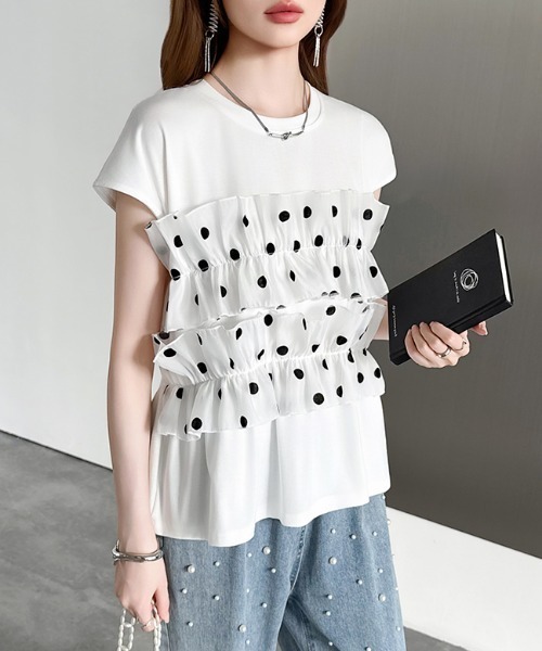 COCOMOMO(ココモモ)の「ドットフリルトップス ギャザーフリル ドット Tシャツ カットソー フレンチスリーブ フリルトップス ペプラム フレア 夏服(Tシャツ/カットソー・レディース・ブラック/ホワイト・FREE)」の18枚目の写真