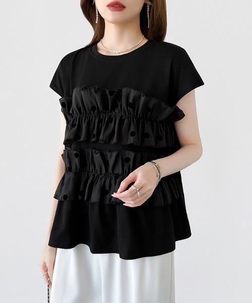 COCOMOMO(ココモモ)の「ドットフリルトップス ギャザーフリル ドット Tシャツ カットソー フレンチスリーブ フリルトップス ペプラム フレア 夏服(Tシャツ/カットソー・レディース・ブラック/ホワイト・FREE)」の12枚目の写真