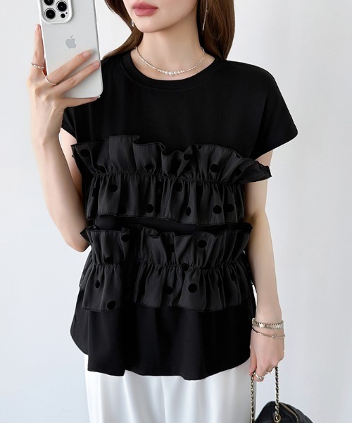COCOMOMO(ココモモ)の「ドットフリルトップス ギャザーフリル ドット Tシャツ カットソー フレンチスリーブ フリルトップス ペプラム フレア 夏服(Tシャツ/カットソー・レディース・ブラック/ホワイト・FREE)」の13枚目の写真