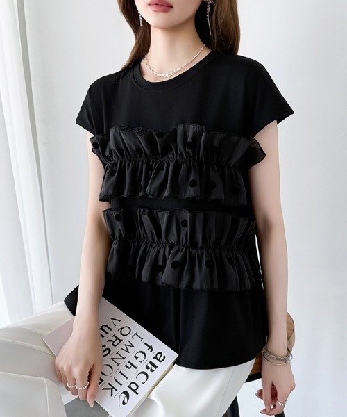 COCOMOMO(ココモモ)の「ドットフリルトップス ギャザーフリル ドット Tシャツ カットソー フレンチスリーブ フリルトップス ペプラム フレア 夏服(Tシャツ/カットソー・レディース・ブラック/ホワイト・FREE)」の11枚目の写真
