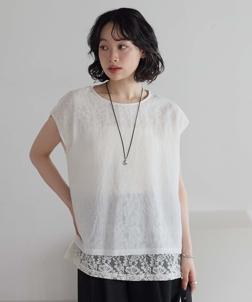 HEART MARKET(ハートマーケット)の「レースシアー異素材切り替えプルオーバー(Tシャツ/カットソー・レディース・ブラック/チャコール/ホワイト/グレイッシュベージュ・FREE)」の2枚目の写真