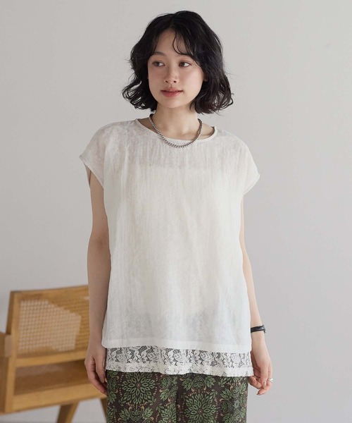 HEART MARKET(ハートマーケット)の「レースシアー異素材切り替えプルオーバー(Tシャツ/カットソー・レディース・ブラック/チャコール/ホワイト/グレイッシュベージュ・FREE)」の4枚目の写真