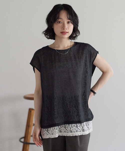 HEART MARKET(ハートマーケット)の「レースシアー異素材切り替えプルオーバー(Tシャツ/カットソー・レディース・ブラック/チャコール/ホワイト/グレイッシュベージュ・FREE)」の1枚目の写真